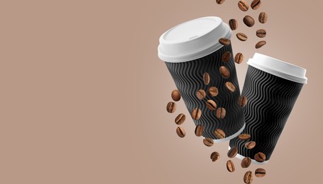 Image of Coffee to go, banner design. Paper cups and roasted beans flying on beige background, space for text