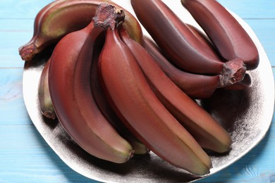 Tasty red baby bananas on light blue table, closeup