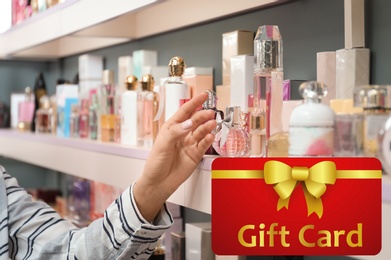 Store gift card. Woman choosing perfume in shop, closeup
