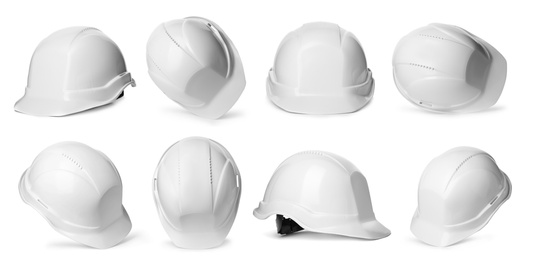 Image of Set with construction safety hardhat on white background. Banner design
