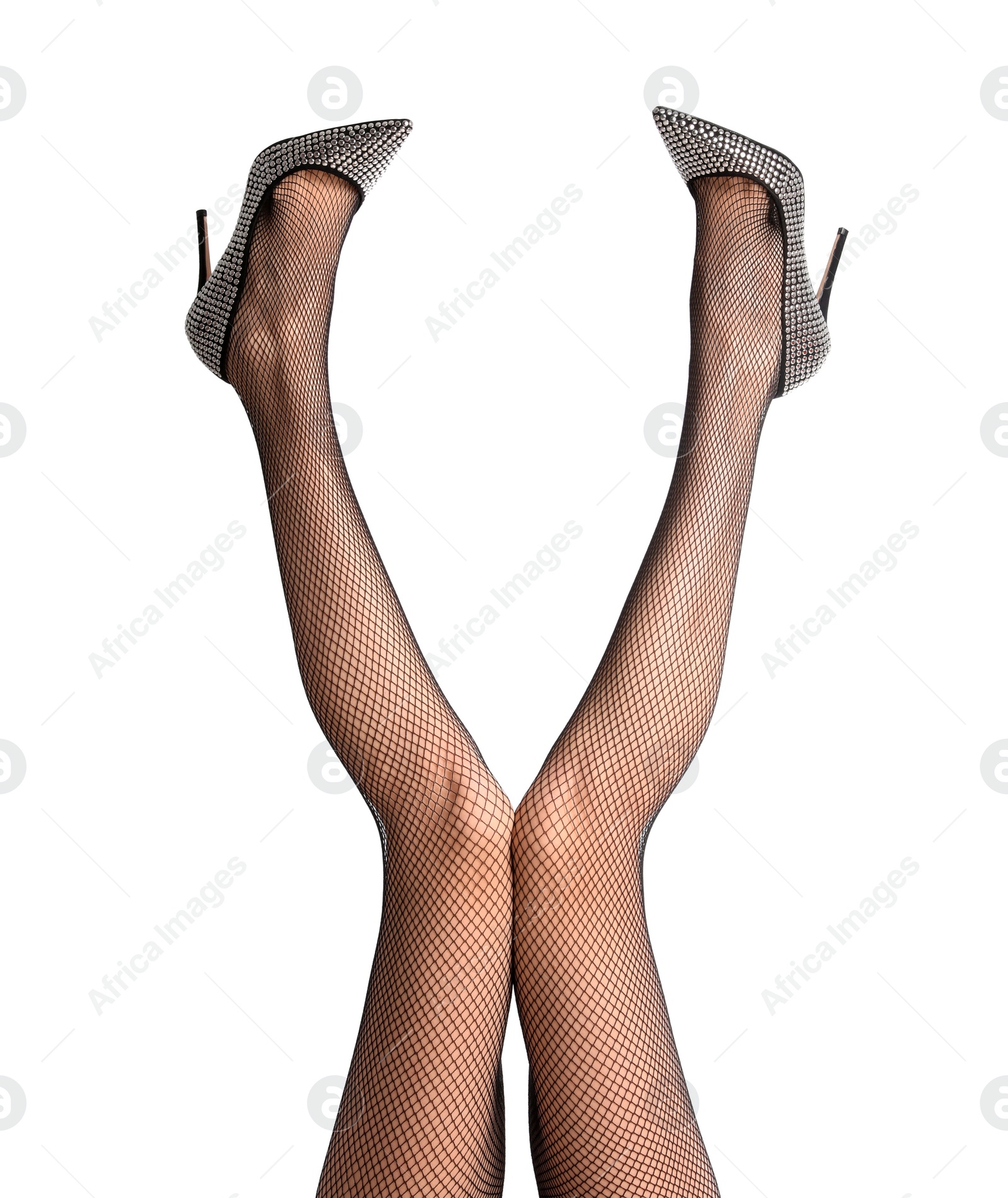 Photo of Woman wearing black tights and stylish shoes isolated on white, closeup of legs