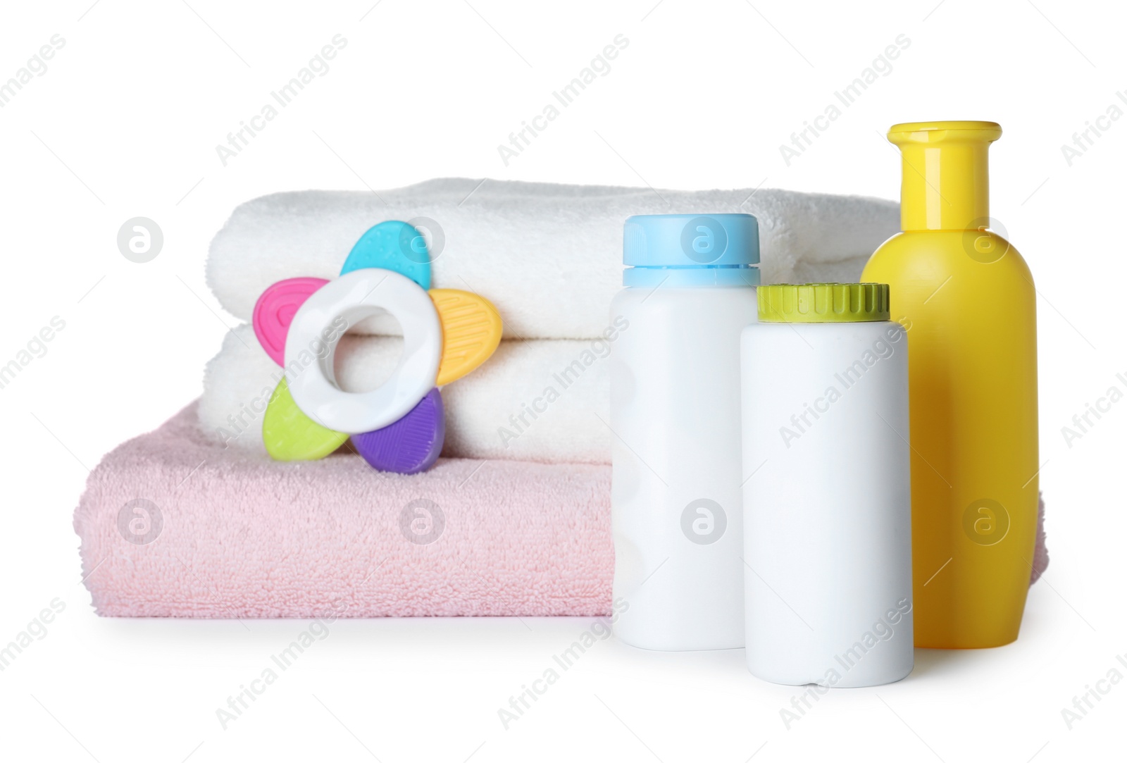 Photo of Set of different baby accessories on white background