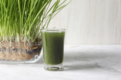 Photo of Wheat grass drink in shot glass and fresh sprouts on white marble table, space for text