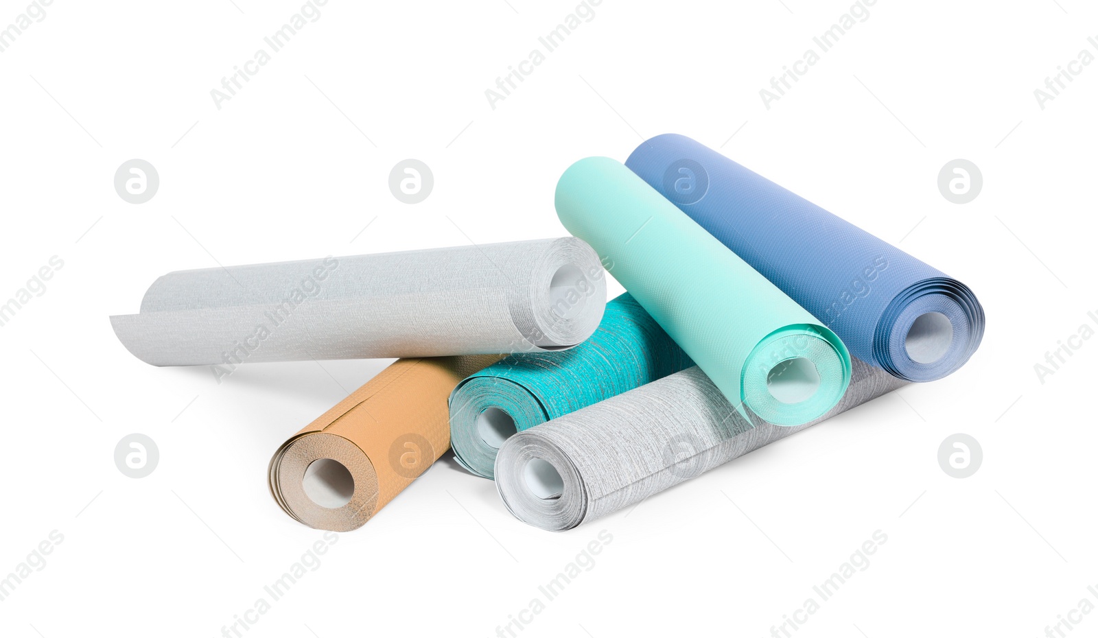 Image of Different colorful wallpaper rolls isolated on white