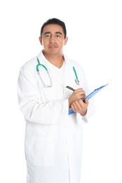 Photo of Portrait of male Hispanic doctor isolated on white. Medical staff