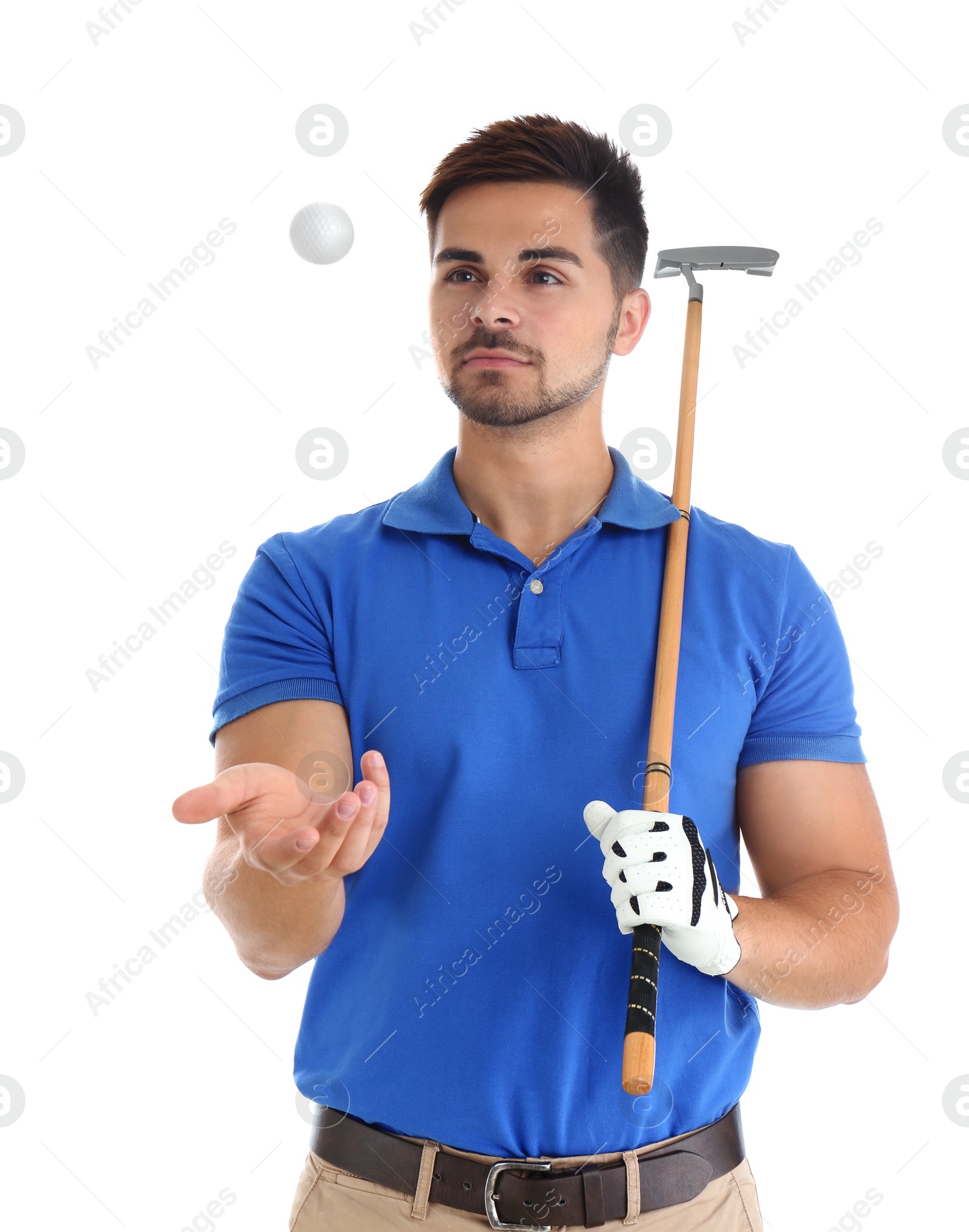 Photo of Portrait of young man with golf club and ball on white background