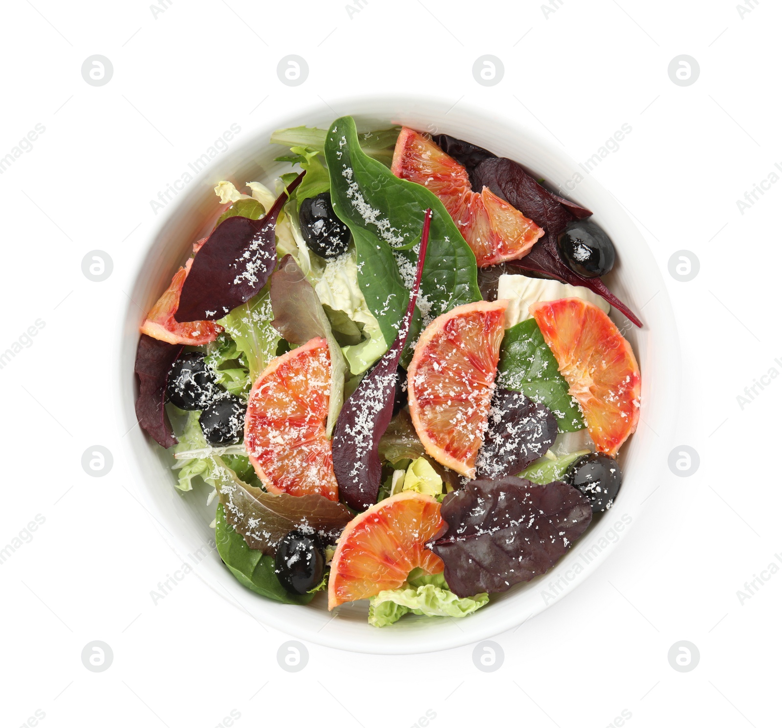 Photo of Bowl of delicious sicilian orange salad isolated on white, top view