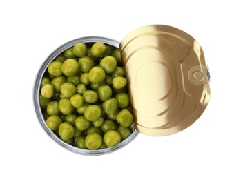 Tin can with conserved peas on white background, top view