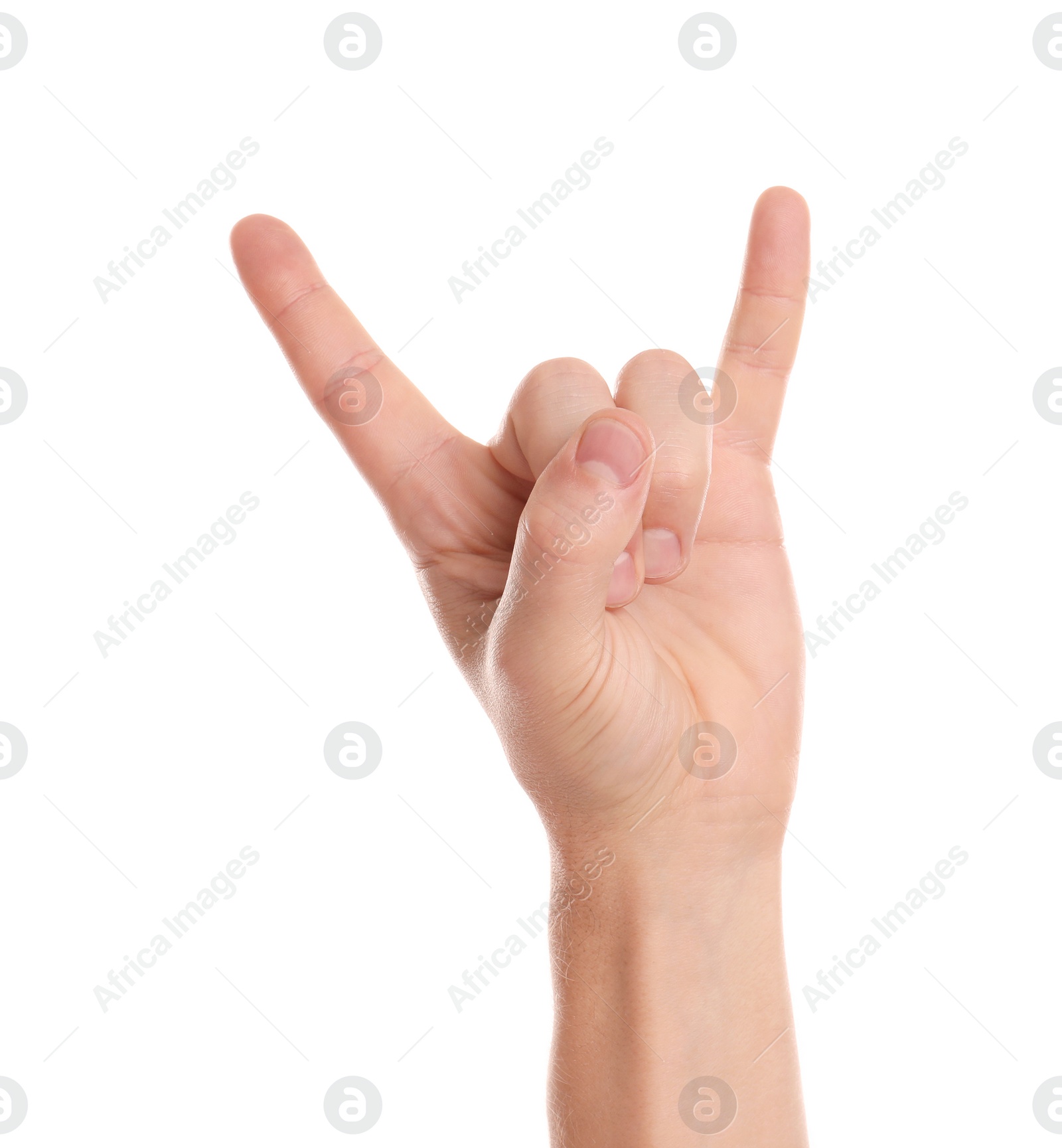 Photo of Man showing rock gesture on white background, closeup of hand