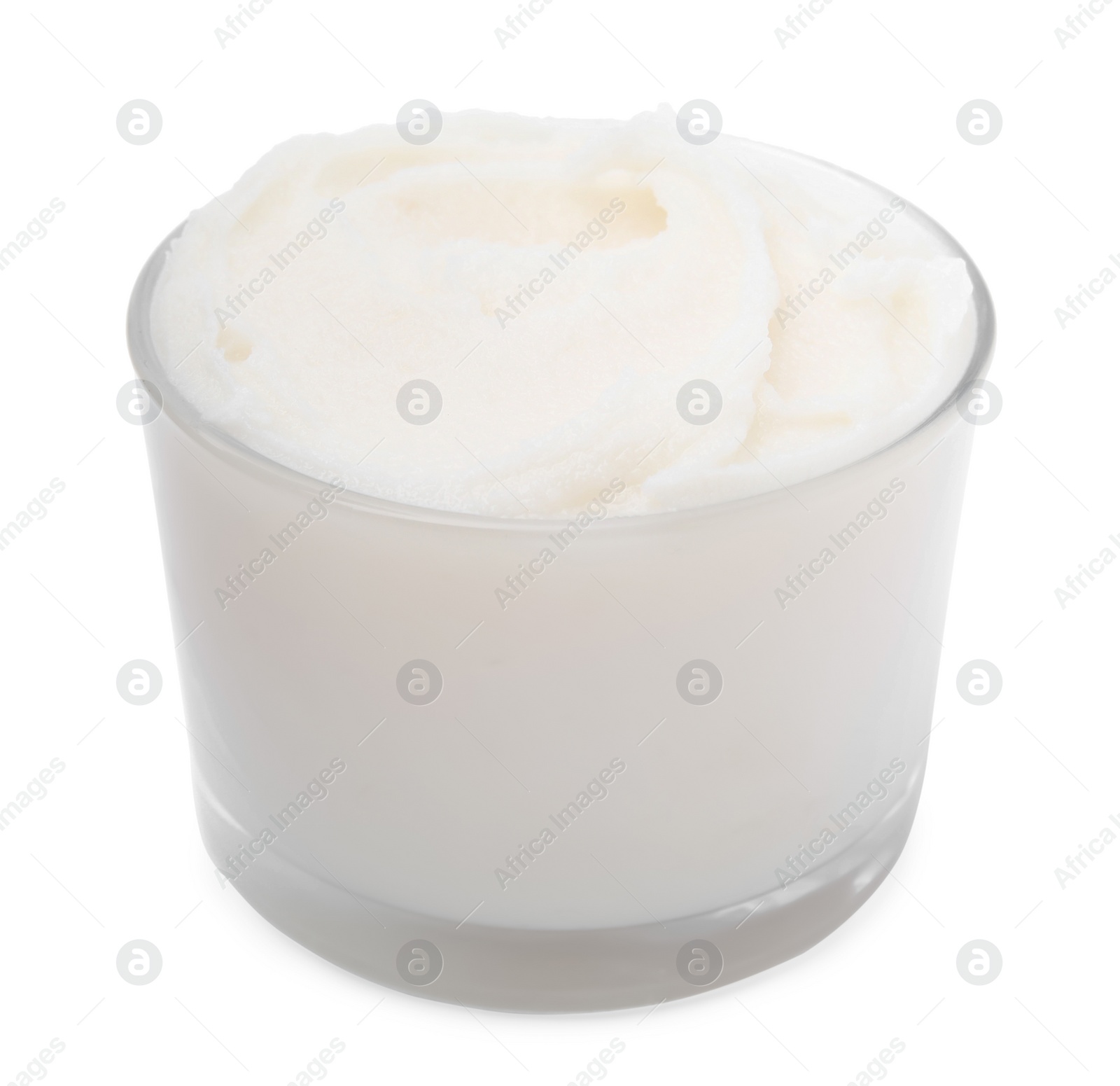 Photo of Delicious pork lard in glass isolated on white