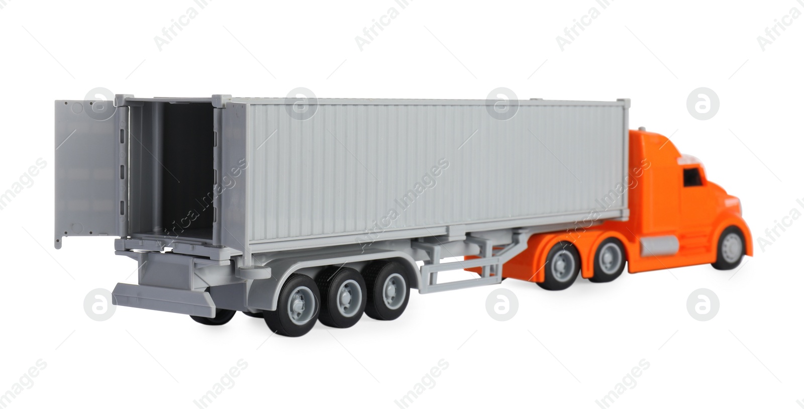 Photo of Toy truck with open container isolated on white. Export concept