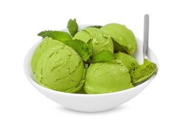 Photo of Tasty matcha ice cream and spoon with powder in bowl isolated on white