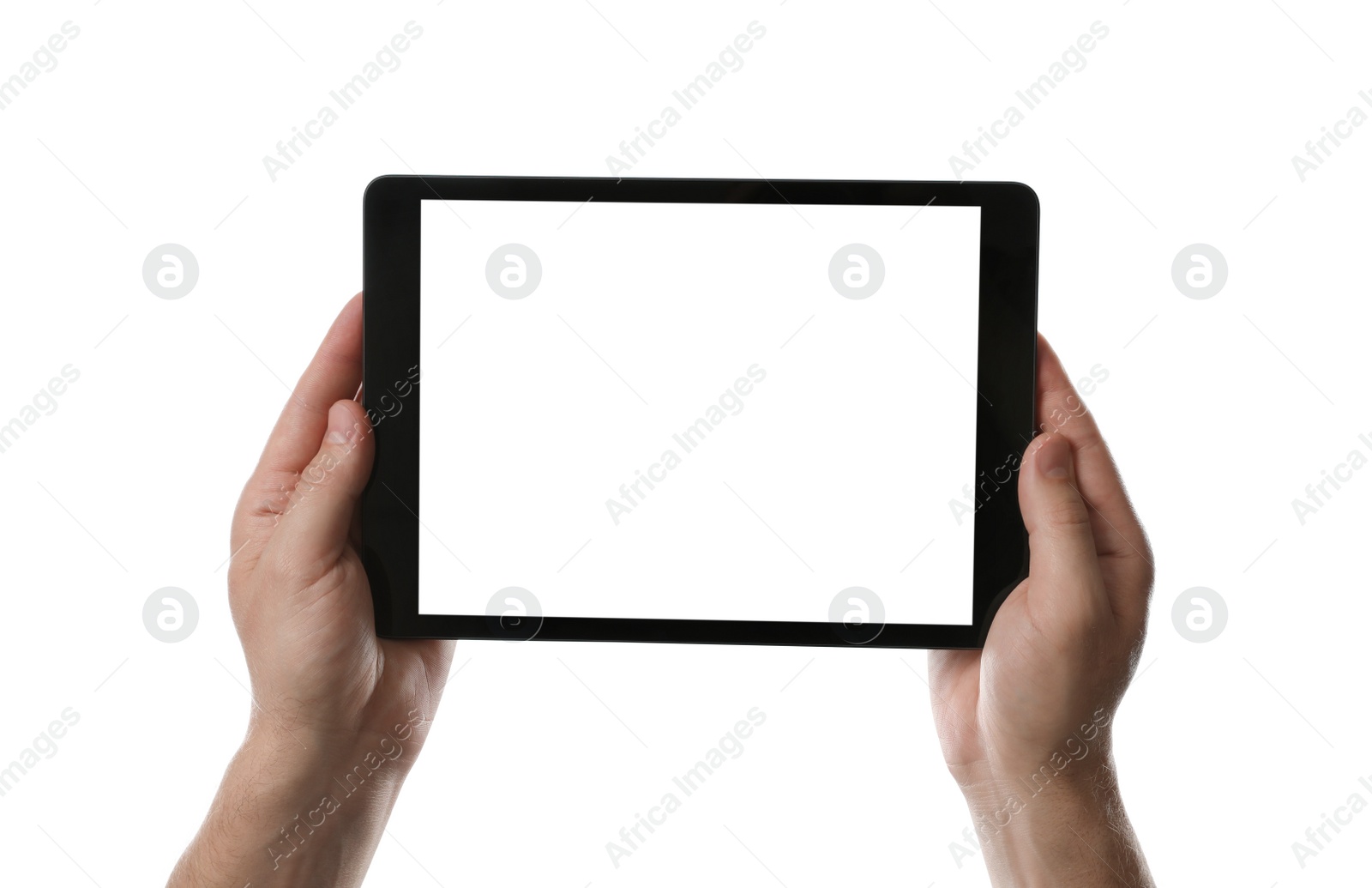 Photo of Man holding tablet computer with blank screen on white background, closeup. Modern gadget