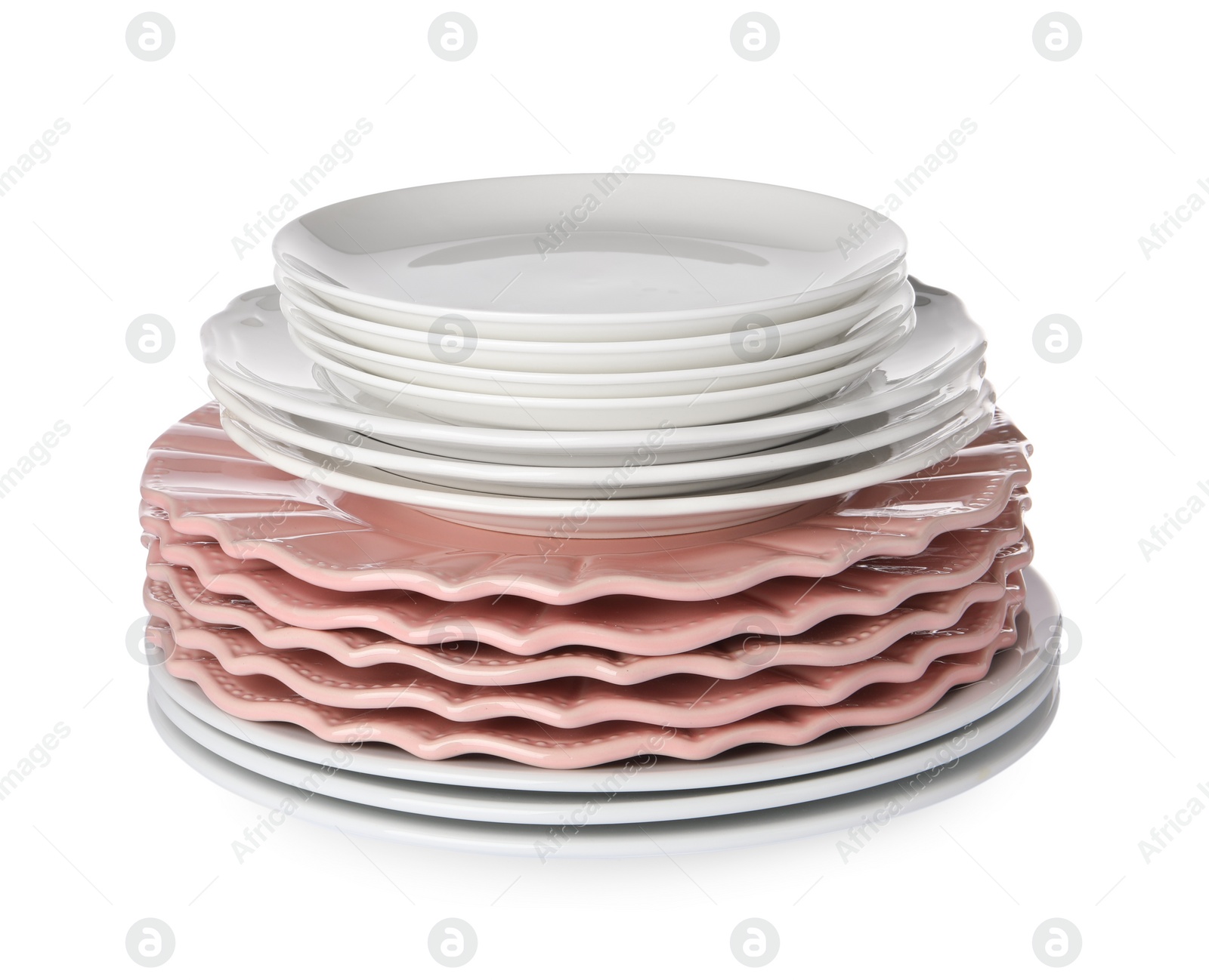 Photo of Stack of beautiful ceramic plates isolated on white