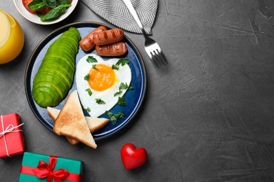 Romantic breakfast on grey table, flat lay with space for text. Valentine's day celebration