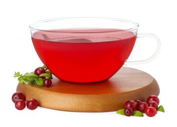 Cup of delicious cranberry tea and berries isolated on white