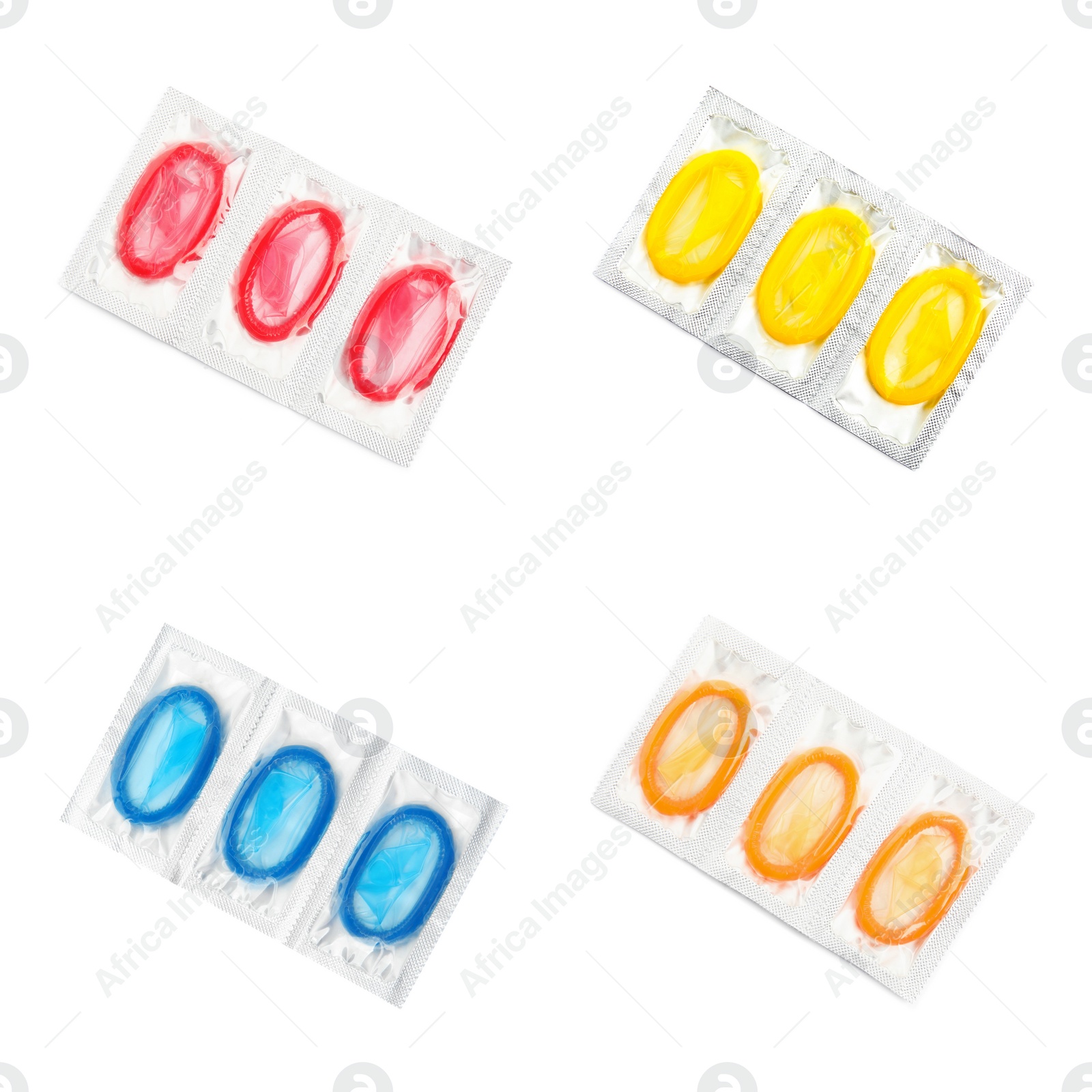 Image of Set with condoms in packages on white background, top view