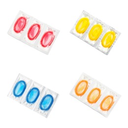 Image of Set with condoms in packages on white background, top view