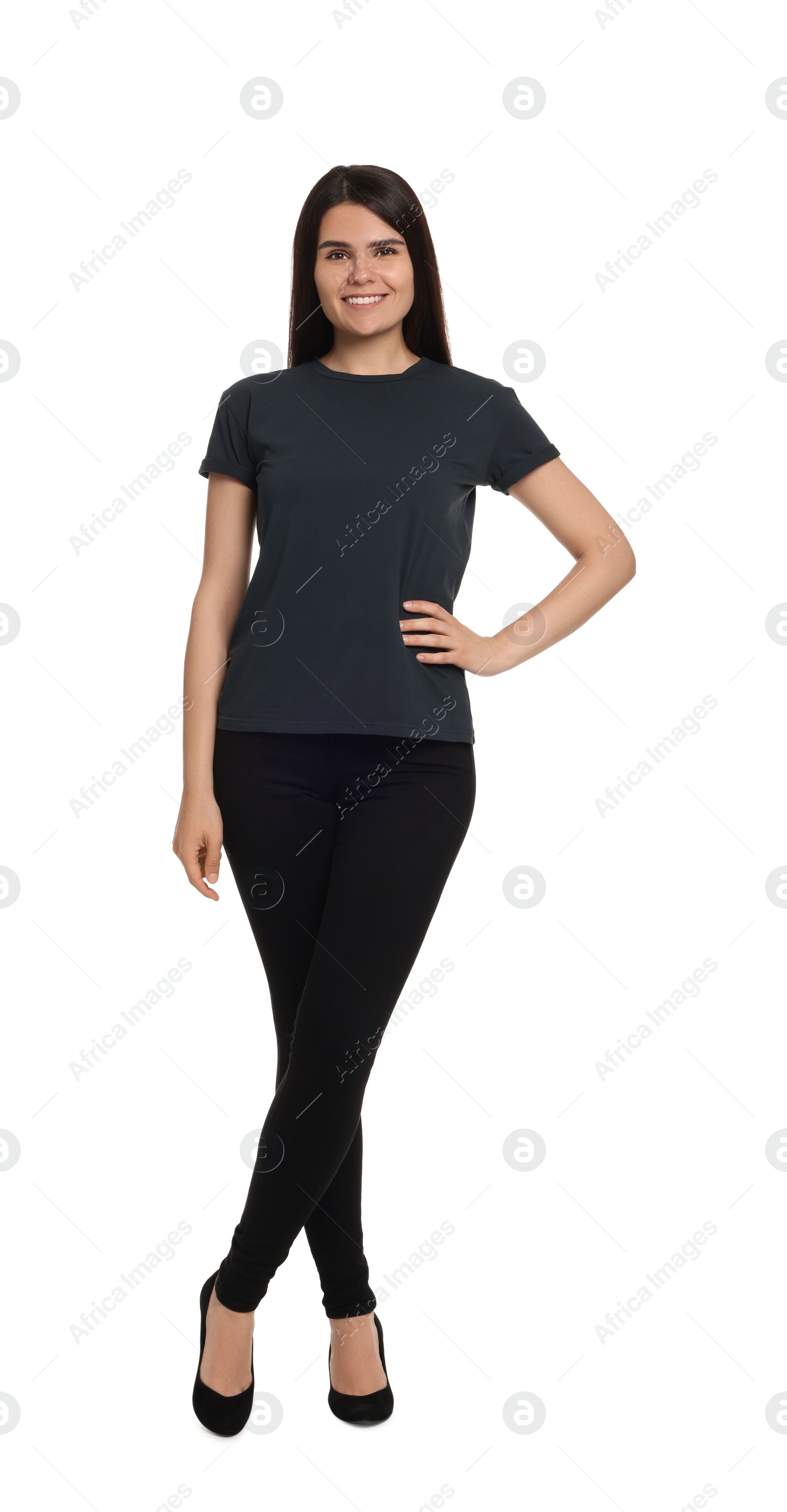 Photo of Woman wearing stylish black jeans and high heels shoes on white background