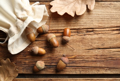 Acorns and oak leaves on wooden table, flat lay. Space for text