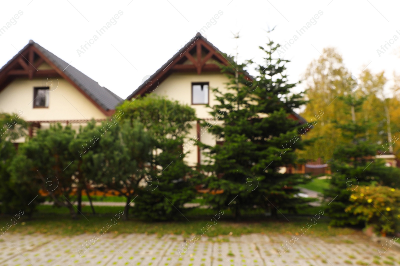 Photo of Beautiful cottage houses outdoors, blurred view. Real estate for rent