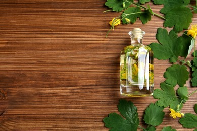 Photo of Bottle of celandine tincture and plant on wooden table, flat lay. Space for text