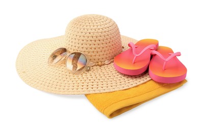 Photo of Straw hat, towel, sunglasses and flip flops isolated on white. Beach objects