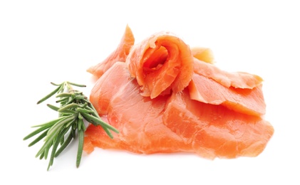 Photo of Fresh sliced salmon fillet with rosemary on white background