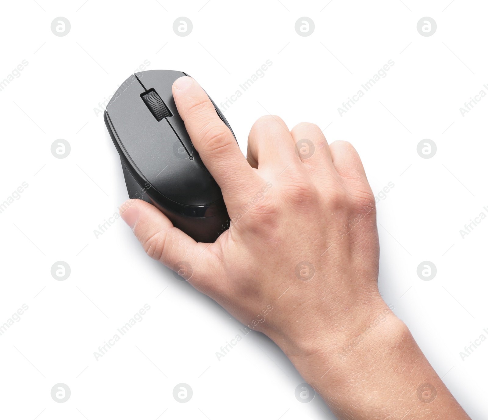 Photo of Man using computer mouse on white background, top view. Space for text