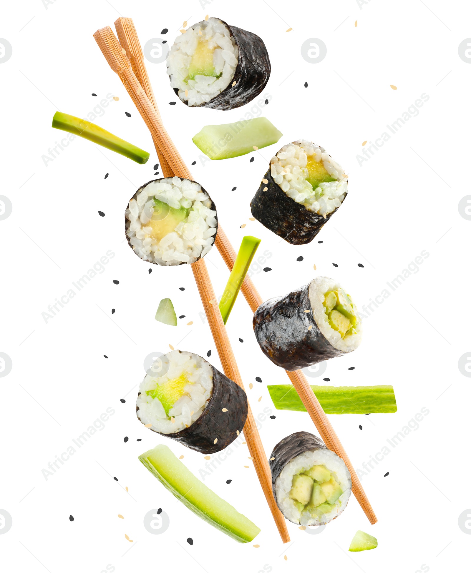 Image of Sushi rolls and wooden chopsticks flying on white background