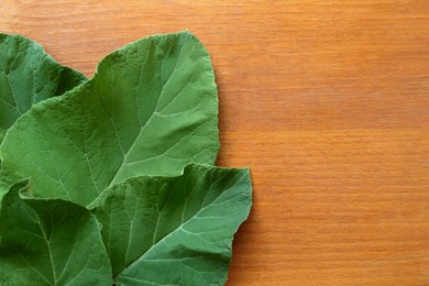 Photo of Fresh green burdock leaves on wooden table, flat lay. Space for text