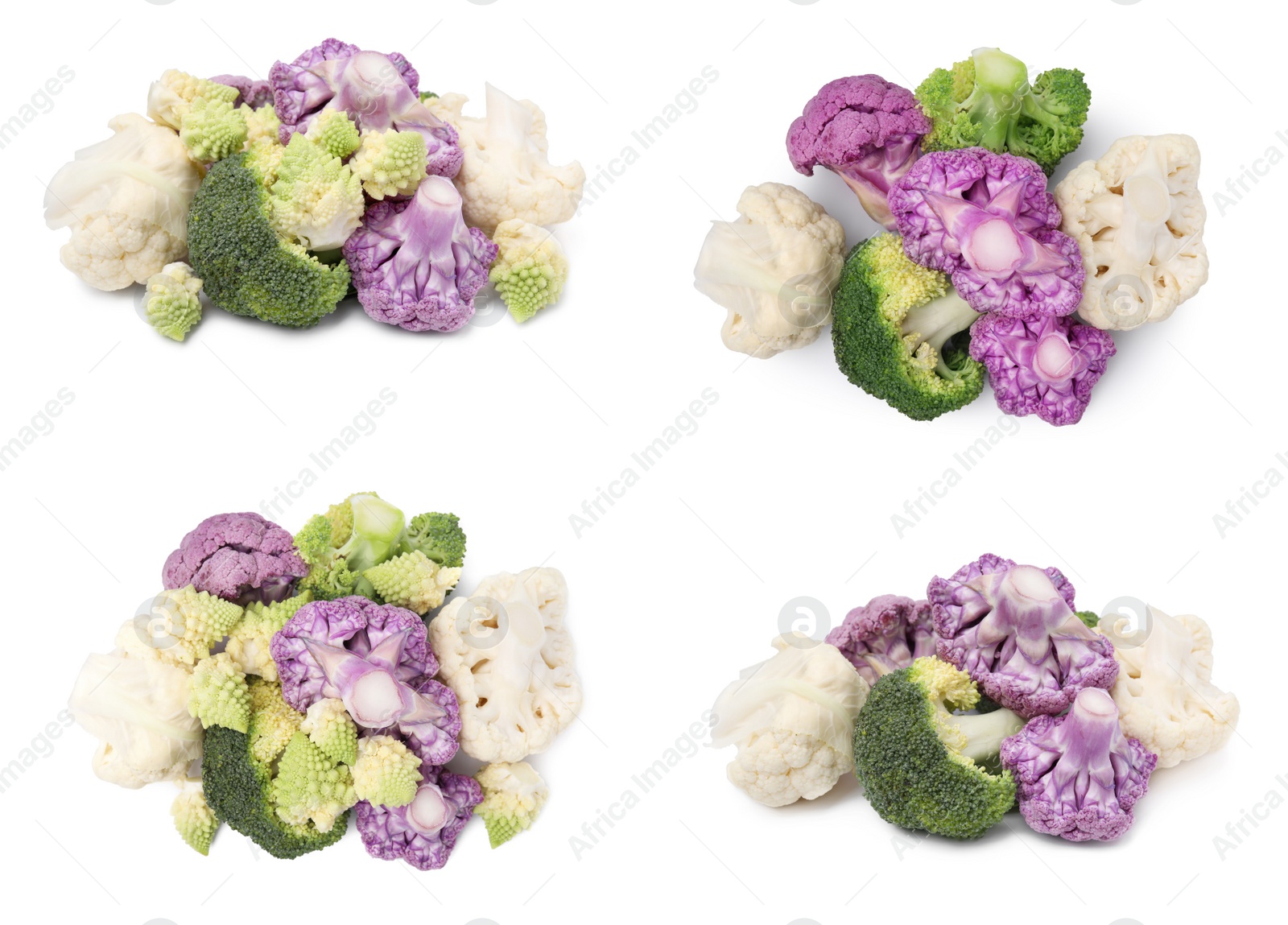 Image of Set with different cauliflower cabbages on white background