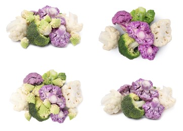 Set with different cauliflower cabbages on white background