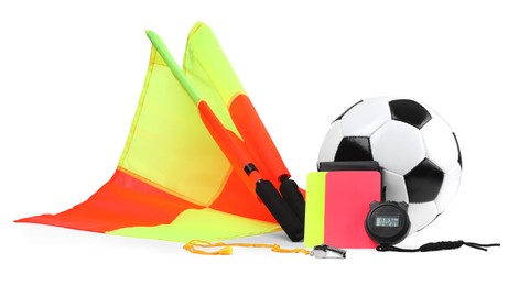 Football referee equipment. Soccer ball, flags, stopwatch, cards and whistle isolated on white