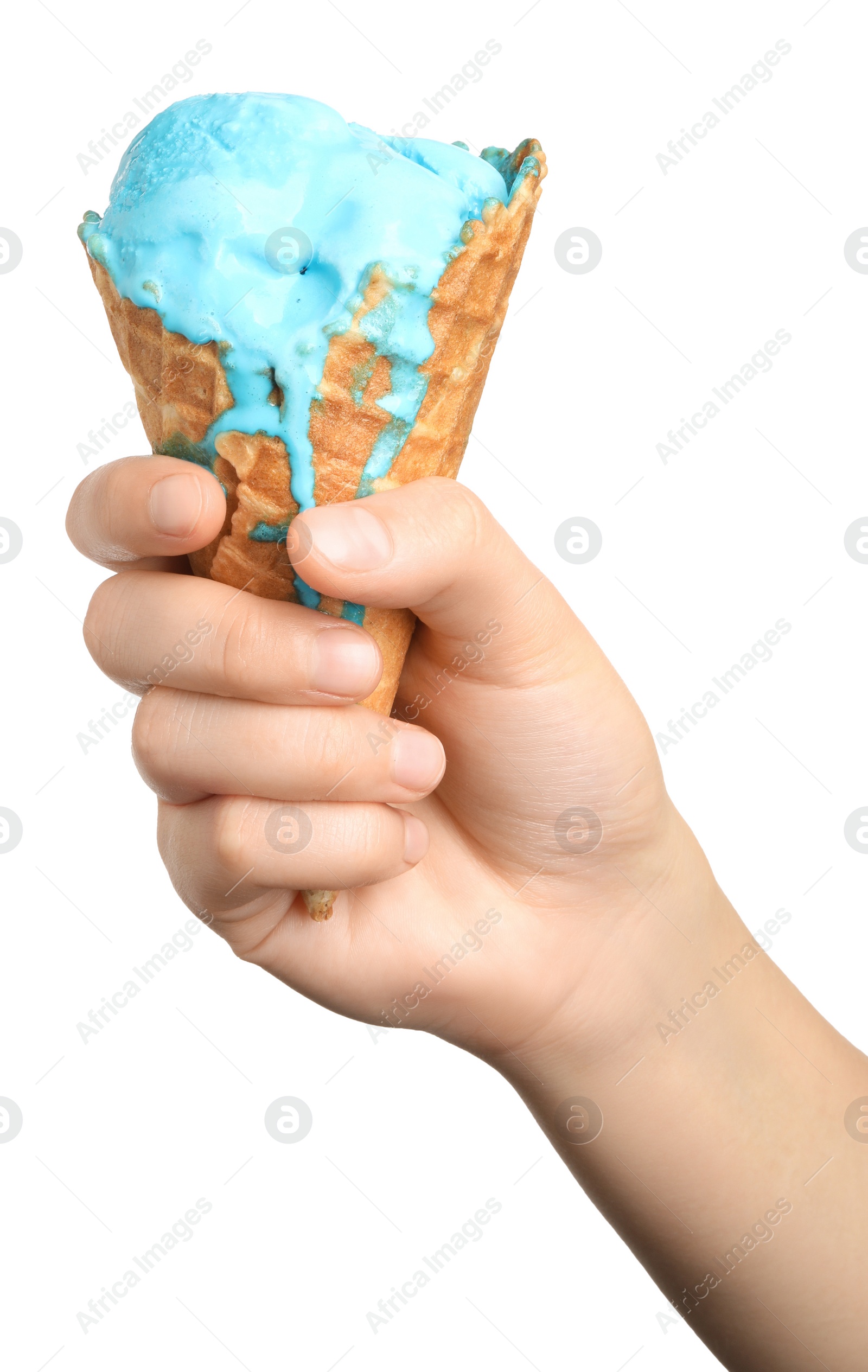 Photo of Woman holding melting ice cream on white background, closeup