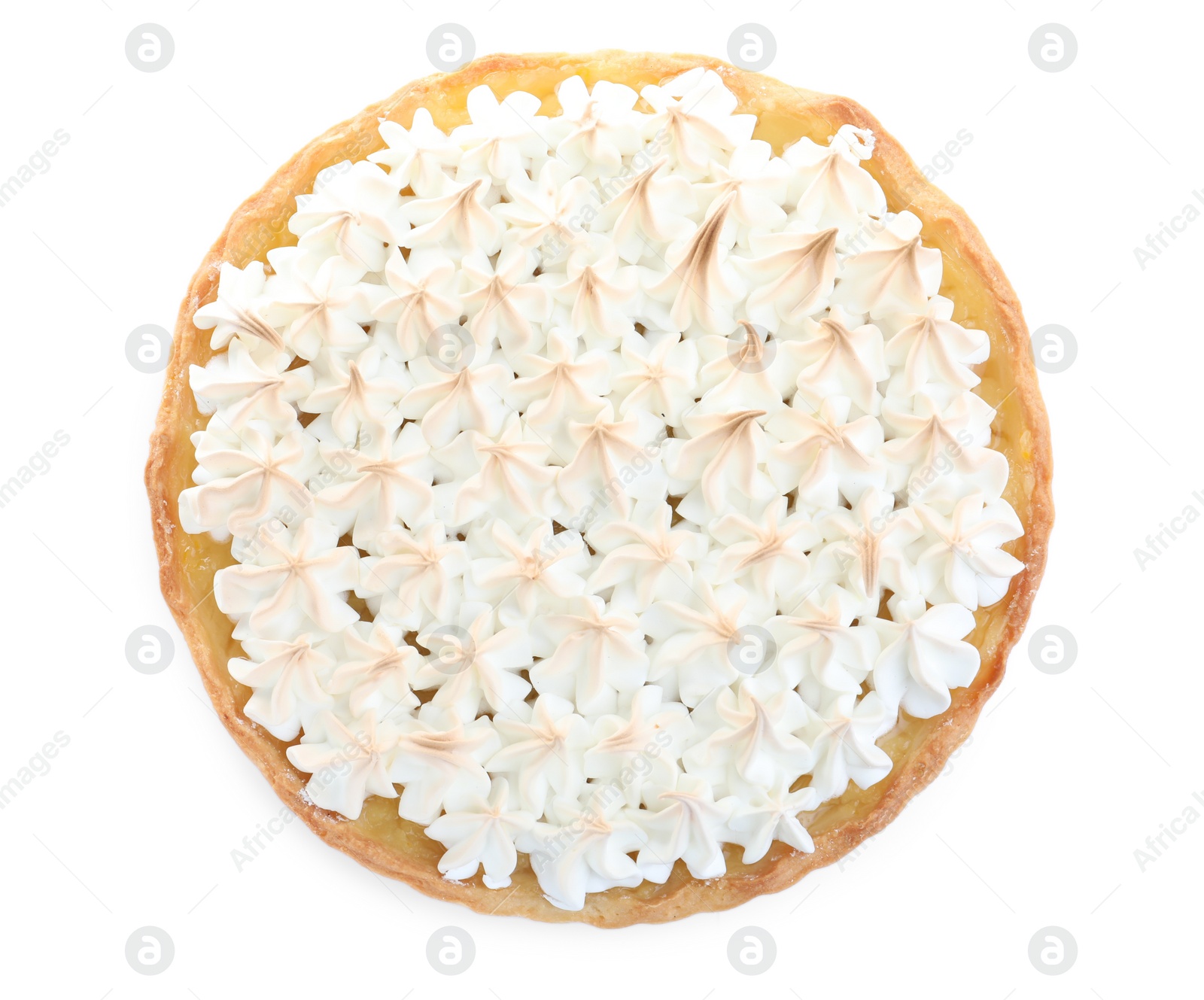 Photo of Delicious lemon meringue pie on white background, top view