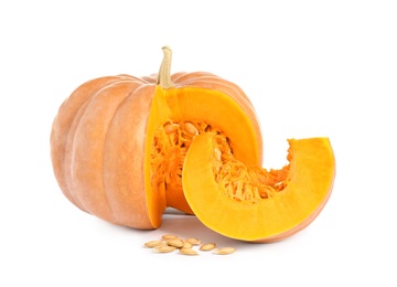 Photo of Cut ripe orange pumpkin and seeds on white background