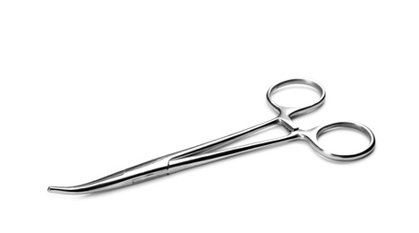 Photo of Surgical forceps on white background. Medical tool