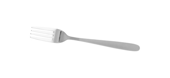 Photo of Clean silver fork isolated on white, top view
