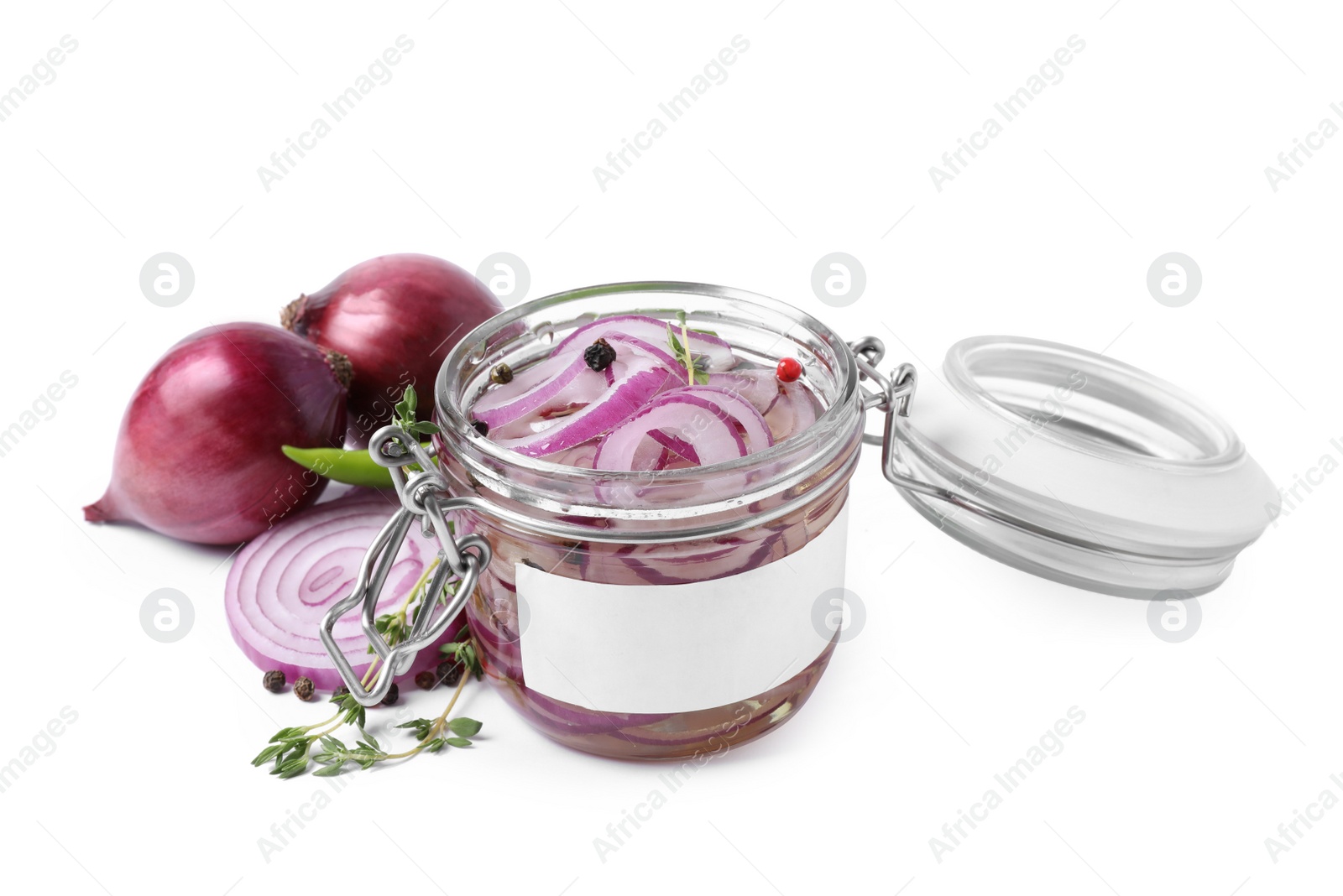 Photo of Jar of pickled onions isolated on white