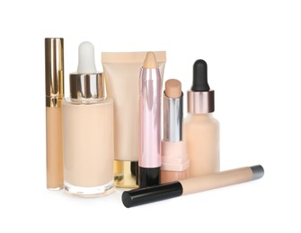 Photo of Foundation makeup products on white background. Decorative cosmetics