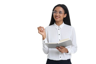 Photo of Beautiful secretary with notebook and pen on white background