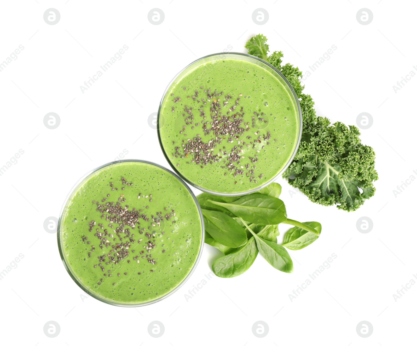 Photo of Tasty fresh kale smoothie with chia seeds and spinach  on white background, top view