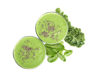 Photo of Tasty fresh kale smoothie with chia seeds and spinach  on white background, top view