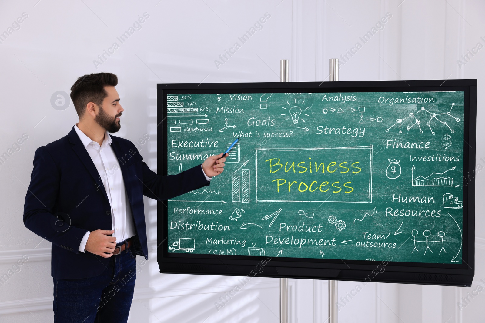 Photo of Business trainer using interactive board in meeting room