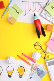 Photo of Flat lay composition with stationery, money and toy rocket on yellow background, space for text. Startup concept