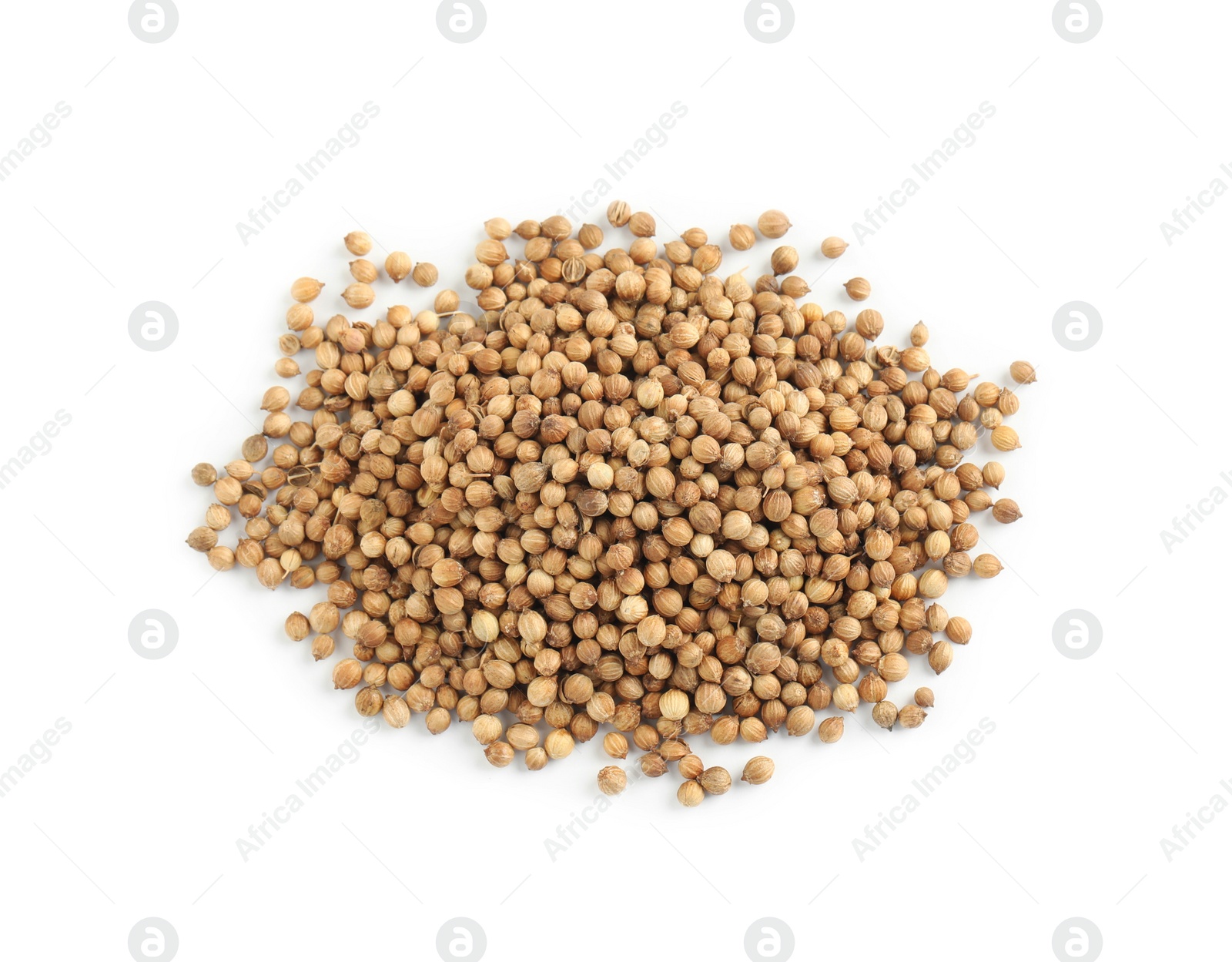 Photo of Heap of dried coriander seeds on white background, top view