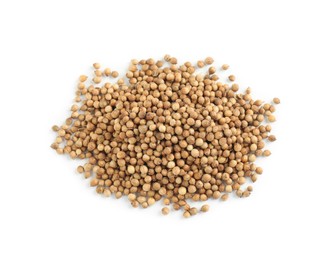 Photo of Heap of dried coriander seeds on white background, top view