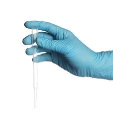 Photo of Scientist with pipette on white background, closeup