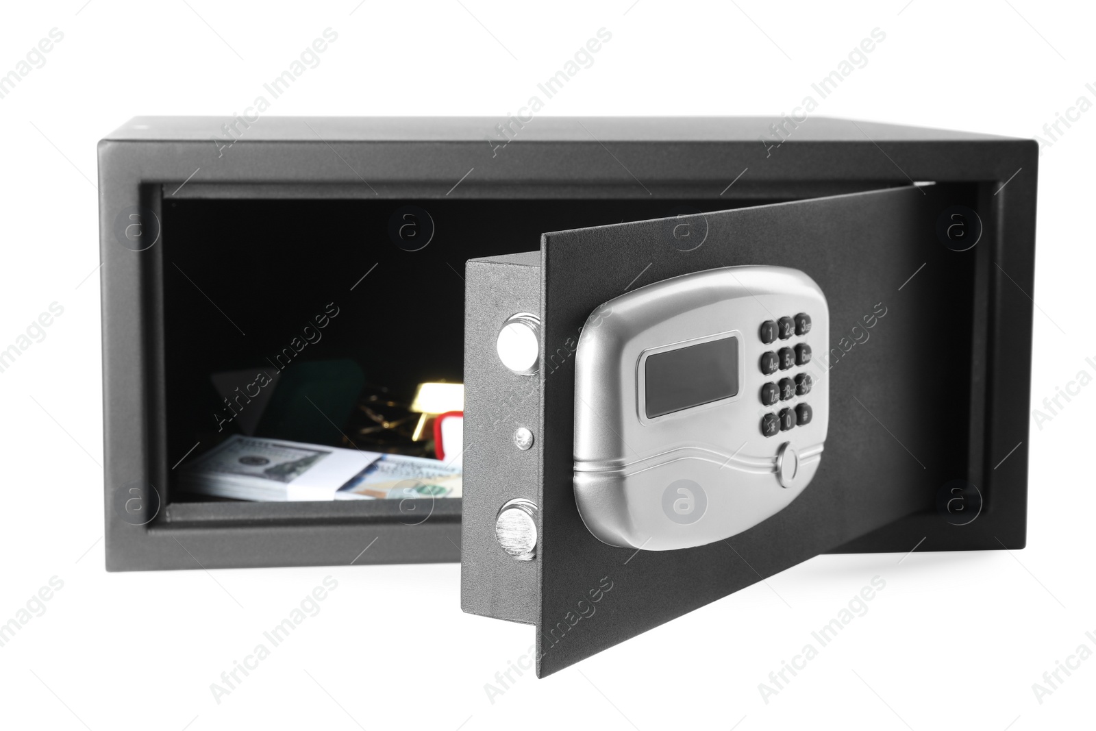 Open steel safe with money and jewelry isolated on white Photo of Open steel safe with money and jewelry isolated on white
